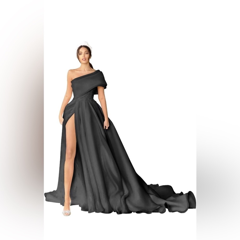 One Shoulder Tulle Wedding Dresses Lace A line dress with slit